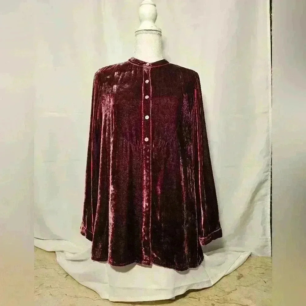 J. Jill Womens Velvety Burgundy Soft Button-up Tunic Blouse Size Small